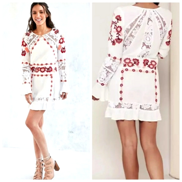 For Love & Lemons White Lace Longsleeve Peach & Burgundy Embroidered Dre… - Picture 1 of 16